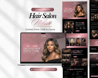 Szablon strony internetowej salonu fryzjerskiego, szablon Canva, luksusowy projekt fryzur, strona internetowa dla fryzjerów, strona docelowa fryzjera, salon fryzjerski, Rosegold
