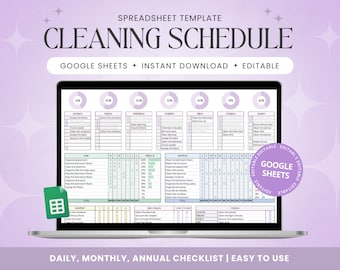 Puede incluir: Una pantalla de ordenador que muestra una plantilla de calendario de limpieza para Google Sheets. La plantilla incluye listas de verificación diarias, mensuales y anuales. La plantilla es editable e incluye una barra de progreso para cada tarea.