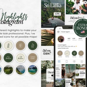 May include: Instagram highlights template set with 50 different icons. The image shows a phone displaying a travel agent profile, surrounded by travel-themed Instagram posts. The text reads "60 Highlights Instagram".