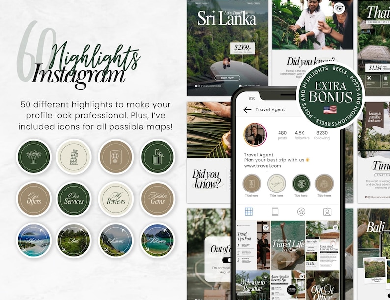 May include: Instagram highlights template set with 50 different icons. The image shows a phone displaying a travel agent profile, surrounded by travel-themed Instagram posts. The text reads "60 Highlights Instagram".