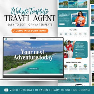 Puede incluir: Un portátil que muestra una plantilla de sitio web de agencia de viajes. El diseño utiliza colores turquesa y blanco, con imágenes de destinos tropicales. El texto "Your next Adventure today" se muestra en la pantalla. El texto "Website Template TRAVEL AGENT" está en la parte superior.