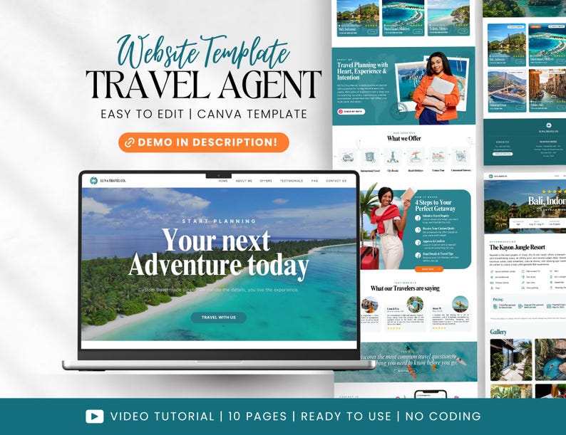 May include: A laptop displaying a travel website template with the text "Your next Adventure today." The design includes teal and white elements, with images of tropical destinations. The words "Website Template TRAVEL AGENT" are at the top.
