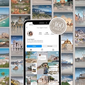 K&ouml;nnte beinhalten: Eine Collage von Instagram-Posts mit Reisezielen aus aller Welt. Die Posts zeigen Fotos von Sehensw&uuml;rdigkeiten, St&auml;dten und Naturlandschaften. Die Bildunterschrift lautet "Your Agent Travel" mit 510 Beitr&auml;gen und 11.000 Followern. Der Text "+160 Seiten" ist ebenfalls sichtbar.