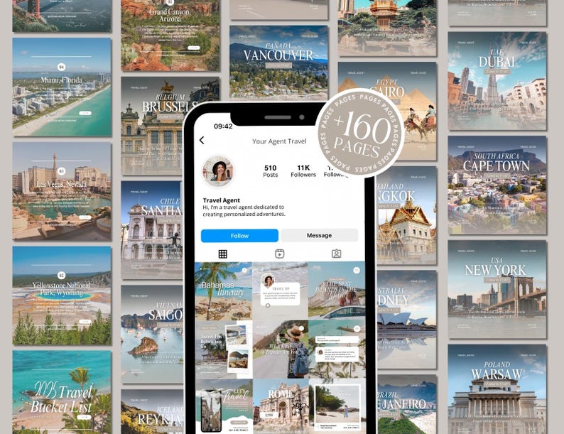 K&ouml;nnte beinhalten: Eine Collage von Instagram-Posts mit Reisezielen aus aller Welt. Die Posts zeigen Fotos von Sehensw&uuml;rdigkeiten, St&auml;dten und Naturlandschaften. Die Bildunterschrift lautet "Your Agent Travel" mit 510 Beitr&auml;gen und 11.000 Followern. Der Text "+160 Seiten" ist ebenfalls sichtbar.