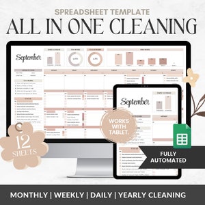 Jaarlijks schoonmaakschema | Google werkbladenplanner | Reinigingschecklist Spreadsheet | Wekelijkse, maandelijkse schoonmaak | Digitaal karweischema voor volwassenen
