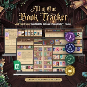May include: A digital book tracker with the text "All in One Book Tracker". The image shows multiple screens with book covers, charts, and the words "Wishlist", "To Be Read", and "Review". The background features a bookshelf.