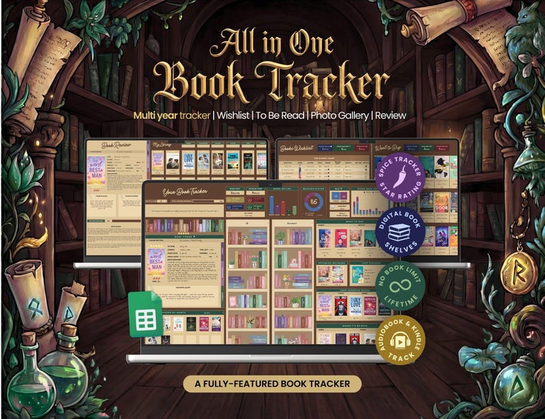 May include: A digital book tracker with the text "All in One Book Tracker". The image shows multiple screens with book covers, charts, and the words "Wishlist", "To Be Read", and "Review". The background features a bookshelf.