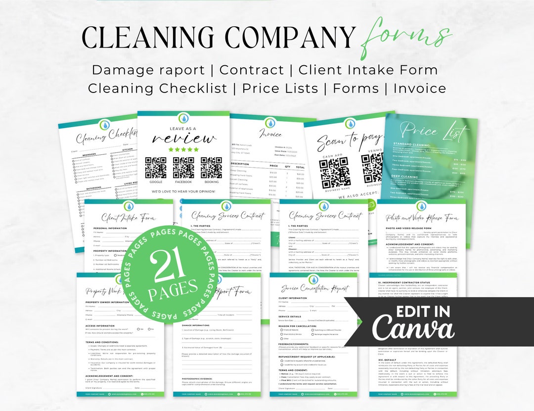 Cleaning Business Forms: Checklist, Contract, Price List (canva ...