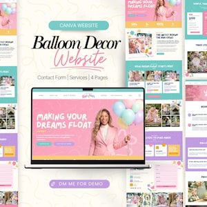 May include: A laptop displays a website design for a balloon decor business. The website features a pink and white color scheme with images of balloon arrangements. Text includes "Making Your Dreams Float" and "Balloon Decor Website."