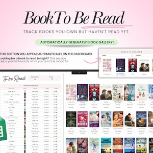 May include: A digital book tracking dashboard titled Book To Be Read, featuring a list of book titles and an automatically generated gallery of book covers. The interface includes a spreadsheet-style table and a visual grid of various book covers.