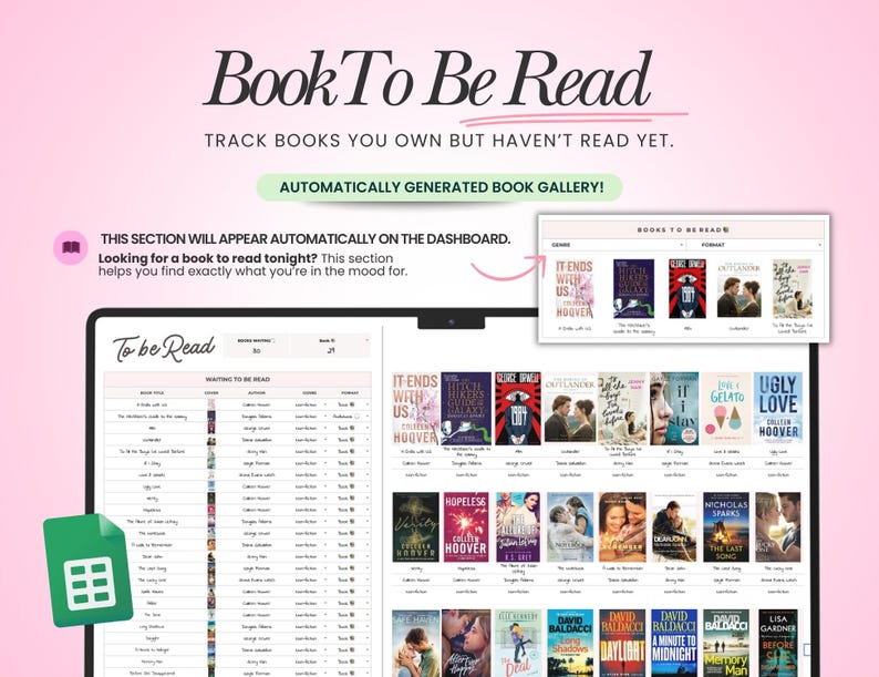 May include: A digital book tracking dashboard titled Book To Be Read, featuring a list of book titles and an automatically generated gallery of book covers. The interface includes a spreadsheet-style table and a visual grid of various book covers.