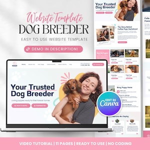 以下が含まれることがあります： 犬のブリーダー向けのウェブサイトテンプレート。ダックスフントと「Your Trusted Dog Breeder」のテキストが表示されたウェブサイトデザインがラップトップに表示されています。デザインにはピンクのアクセントと「Easy to use website template」のテキストが含まれています。