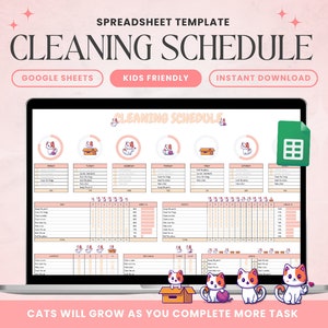 Peut inclure: Un modèle de planning de nettoyage numérique rose et blanc avec un thème de chat de dessin animé. Le modèle est intitulé "Planning de nettoyage" et comprend un logo Google Sheets. Le texte "Les chats grandiront au fur et à mesure que vous accomplirez plus de tâches" est en bas de l'image.