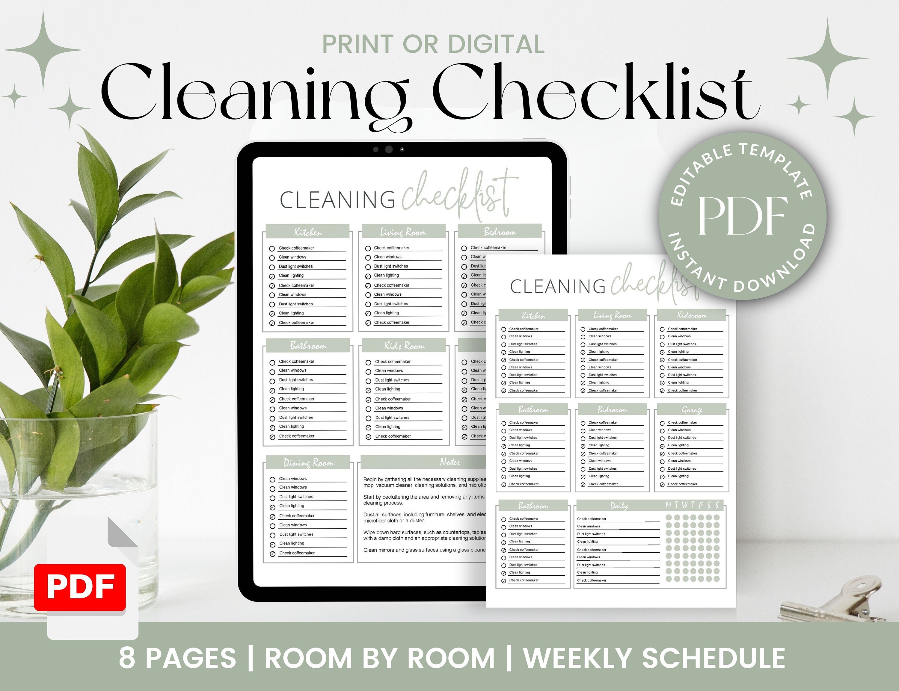 Cleaning Checklist Printable: Room by Room & Weekly Schedule (PDF ...