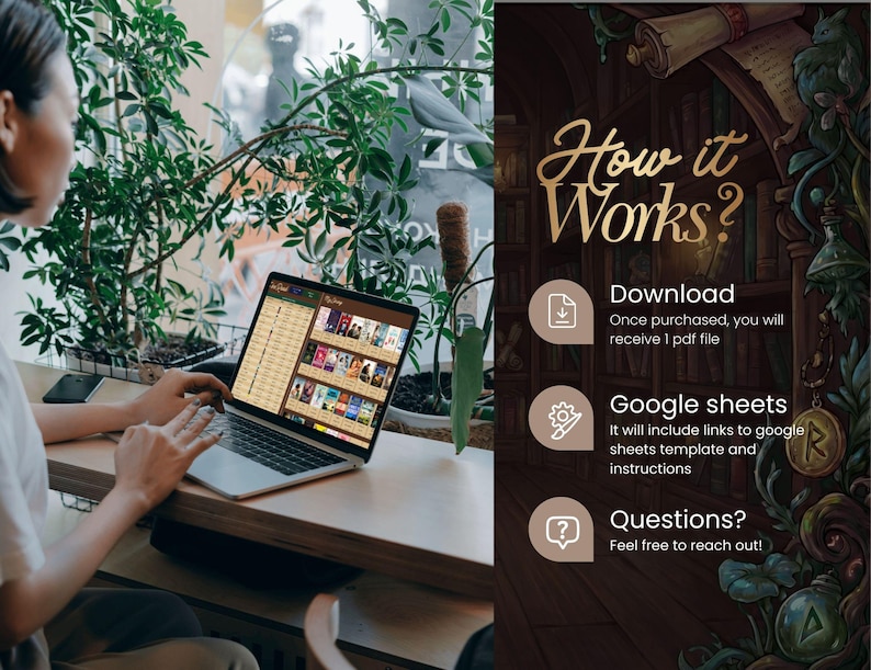 May include: A person using a laptop with a screen displaying a spreadsheet. The image also shows the text "How it Works?" with instructions for downloading a PDF and using Google Sheets. The background includes plants and a decorative illustration.