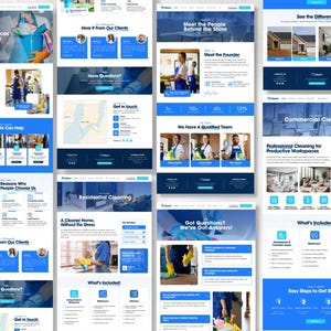 Op de afbeelding: Website-mockups voor een schoonmaakservice, met een blauw en wit ontwerp. De pagina's tonen diensten, getuigenissen van klanten en teamdetails. Tekst bevat "Professional Cleaning Services You Can Trust!"