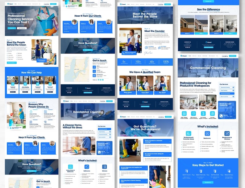 Op de afbeelding: Website-mockups voor een schoonmaakservice, met een blauw en wit ontwerp. De pagina's tonen diensten, getuigenissen van klanten en teamdetails. Tekst bevat "Professional Cleaning Services You Can Trust!"