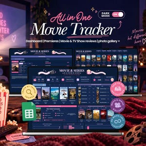May include: A digital all-in-one movie tracker dashboard displayed on a laptop screen, featuring sections for movie and TV show reviews, a photo gallery, and a dashboard interface with dark mode, movie posters, and organized tracking categories.