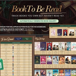 May include: A digital interface displaying a "Book To Be Read" library. The interface shows book covers, titles, and author information. Text includes "Track books you own but haven't read yet" and "Automatically generated book gallery!"