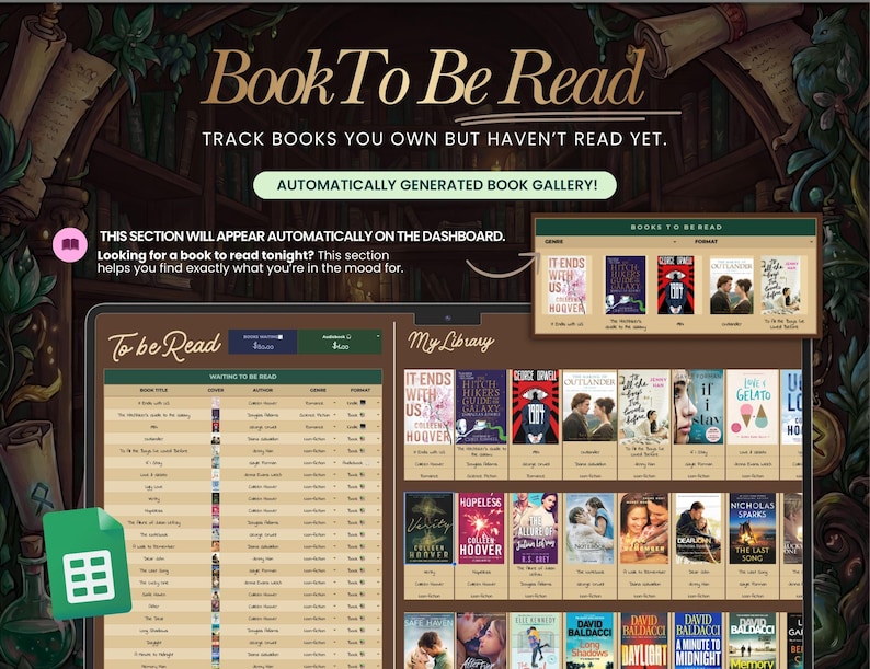 May include: A digital interface displaying a "Book To Be Read" library. The interface shows book covers, titles, and author information. Text includes "Track books you own but haven't read yet" and "Automatically generated book gallery!"