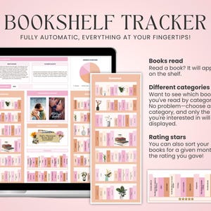 K&ouml;nnte beinhalten: Ein digitaler B&uuml;cherregal-Tracker mit einem rosa und orangenen Farbschema. Der Tracker erm&ouml;glicht es Benutzern, gelesene B&uuml;cher zu verfolgen, B&uuml;cher zu kategorisieren und B&uuml;cher zu bewerten. Der Text auf dem Bildschirm lautet "Bookshelf Tracker" und "Fully Automatic, Everything at Your Fingertips!"