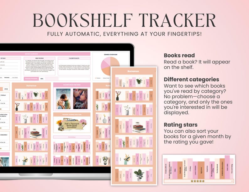 K&ouml;nnte beinhalten: Ein digitaler B&uuml;cherregal-Tracker mit einem rosa und orangenen Farbschema. Der Tracker erm&ouml;glicht es Benutzern, gelesene B&uuml;cher zu verfolgen, B&uuml;cher zu kategorisieren und B&uuml;cher zu bewerten. Der Text auf dem Bildschirm lautet "Bookshelf Tracker" und "Fully Automatic, Everything at Your Fingertips!"