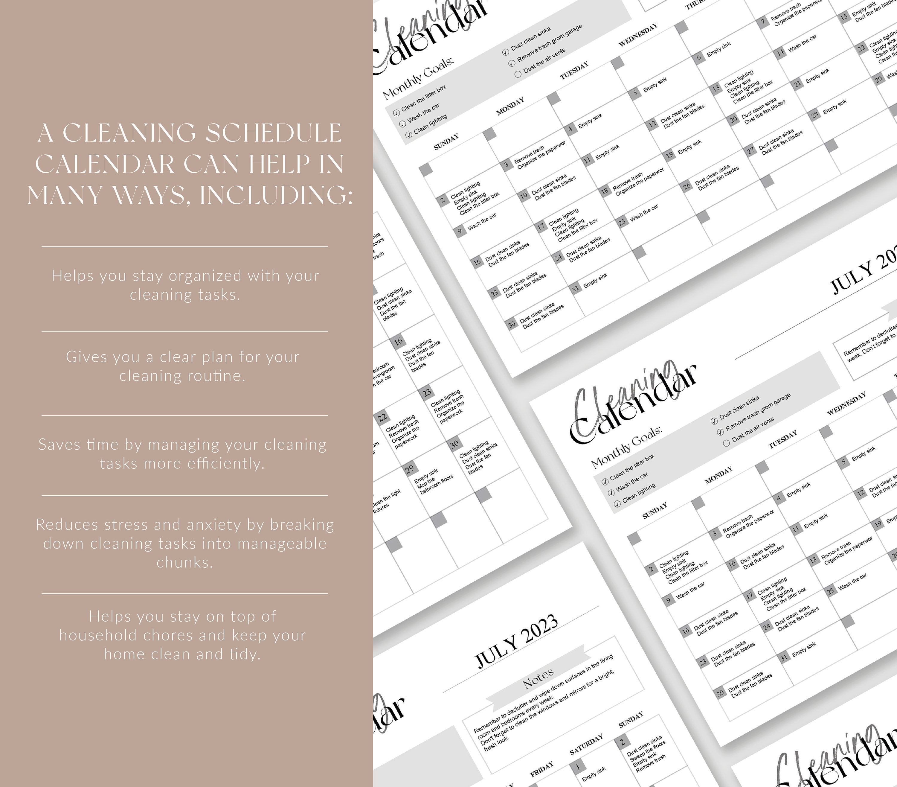 Printable Cleaning Schedule Calendar: Editable Weekly, Monthly Tracker ...