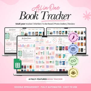 以下が含まれることがあります： ピンク色の背景に、3台のラップトップで表示されるデジタルブックトラッカー。上部には「All in One Book Tracker」の文字。複数年の追跡、ウィッシュリスト、フォトギャラリーなどの機能があります。追加テキスト：「A Fully-Featured Book Tracker」.