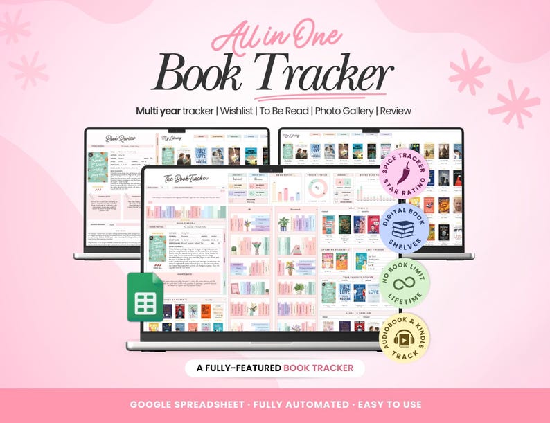 May include: A digital book tracker displayed on laptop screens, featuring a multi-year tracker, wishlist, and review sections. The interface includes a spice tracker, star ratings, digital bookshelves, and audiobook and Kindle tracking features.