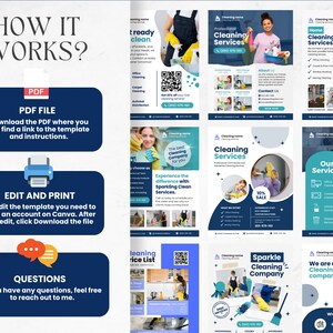Puede incluir: Una colecci&oacute;n de folletos coloridos que anuncian servicios de limpieza. Los folletos presentan im&aacute;genes de productos de limpieza, una persona con uniforme de limpieza y texto que destaca los servicios ofrecidos, como la limpieza del hogar, la limpieza de oficinas y la limpieza de alfombras.