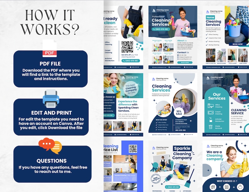 Puede incluir: Una colecci&oacute;n de folletos coloridos que anuncian servicios de limpieza. Los folletos presentan im&aacute;genes de productos de limpieza, una persona con uniforme de limpieza y texto que destaca los servicios ofrecidos, como la limpieza del hogar, la limpieza de oficinas y la limpieza de alfombras.