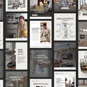 May include: A collection of promotional images for cleaning services. The images showcase various aspects of cleaning, including cleaning sprays, cleaning services, limescale remover, and oven cleaning. The images feature text and graphics.