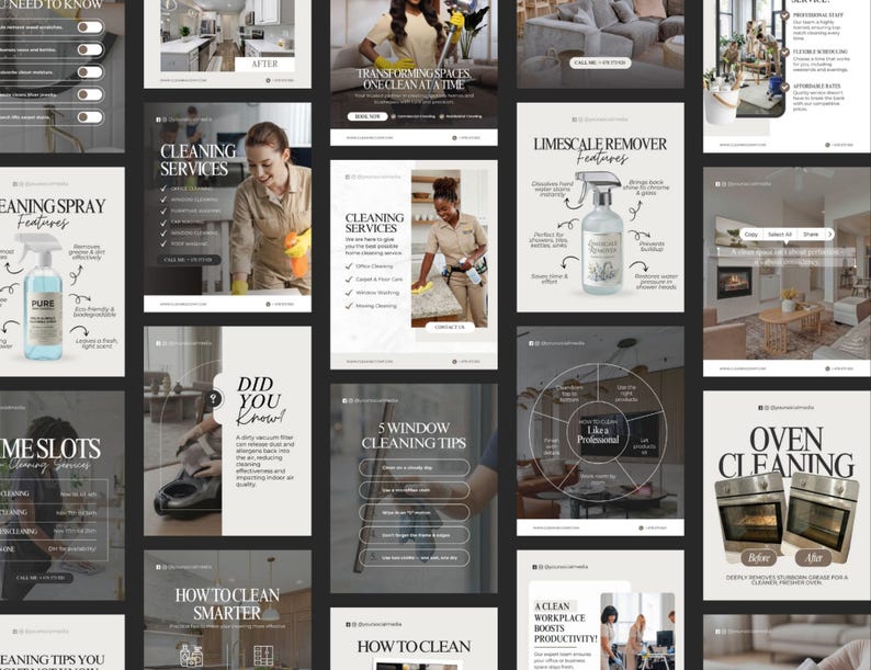 May include: A collection of promotional images for cleaning services. The images showcase various aspects of cleaning, including cleaning sprays, cleaning services, limescale remover, and oven cleaning. The images feature text and graphics.