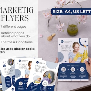 May include: Marketing flyers with a cleaning service theme. The flyers are in A4 and US Letter sizes and feature 7 different pages with detailed information. The design includes a woman holding a spray bottle and the text "WE ARE A CLEANING COMPANY."