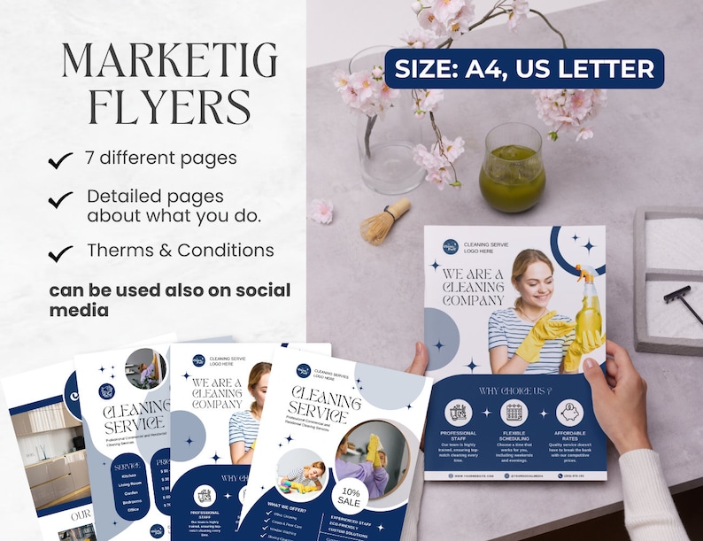 May include: Marketing flyers with a cleaning service theme. The flyers are in A4 and US Letter sizes and feature 7 different pages with detailed information. The design includes a woman holding a spray bottle and the text "WE ARE A CLEANING COMPANY."