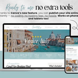 May include: A laptop and smartphone display a website design for a travel agency. The website features a photo of Venice, Italy, with text that reads "Venice, Italy, 12 days / 10 nights." The design includes a menu and other travel information.