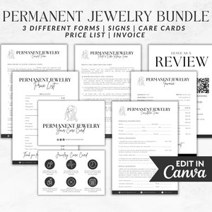 Lot de bijoux permanents, formulaires de consentement pour bijoux permanents, cartes d'entretien pour bijoux permanents, liste de prix de bracelets permanents, modèle de facture
