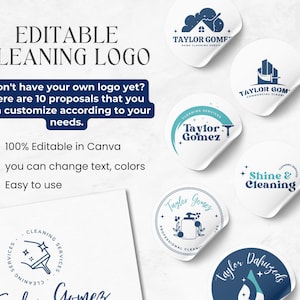 May include: An image showcasing editable cleaning logos. The logos are on white, sticker-like backgrounds with various designs in shades of blue. Text includes "Editable Cleaning Logo" and "Taylor Gomez". The image also states the logos are 100% editable in Canva.