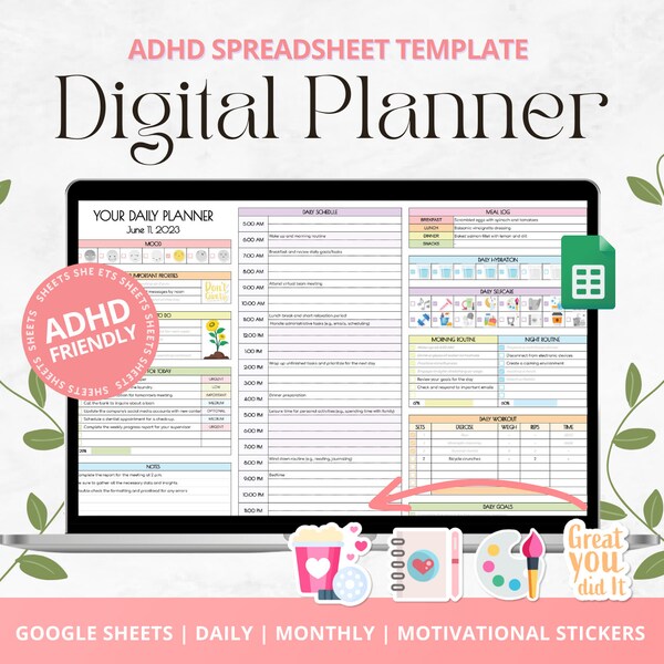 ADHD Planner for google sheets | Adhd digital planner | Daily self care planner | adhd planner adult for spreadsheet template | 2024