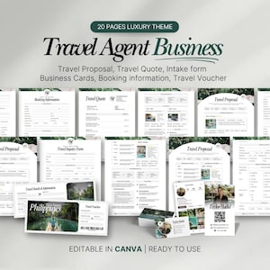May include: A collection of travel agent business templates, including travel proposals, quotes, and business cards. The design features a luxury theme with a green and white color scheme. The text "Travel Agent Business" is prominently displayed.