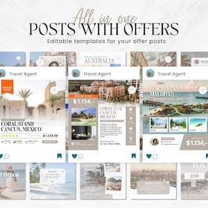 K&ouml;nnte beinhalten: Neun Instagram-Post-Vorlagen f&uuml;r Reiseb&uuml;ros mit Bildern von Str&auml;nden, St&auml;dten und Hotels. Die Vorlagen enthalten Text wie "Reiseb&uuml;ro", "Sonderangebot", "Coral Stand Cancun, Mexiko" und "1.134,- &euro;".