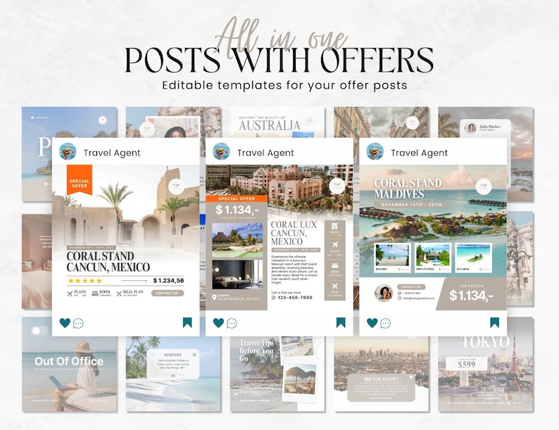 K&ouml;nnte beinhalten: Neun Instagram-Post-Vorlagen f&uuml;r Reiseb&uuml;ros mit Bildern von Str&auml;nden, St&auml;dten und Hotels. Die Vorlagen enthalten Text wie "Reiseb&uuml;ro", "Sonderangebot", "Coral Stand Cancun, Mexiko" und "1.134,- &euro;".