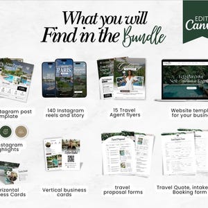 May include: A collection of digital marketing templates and resources for travel businesses. Includes Instagram posts, reels, flyers, website templates, business cards, and forms. The text reads "What you will Find in the Bundle" and "Edit in Canva".