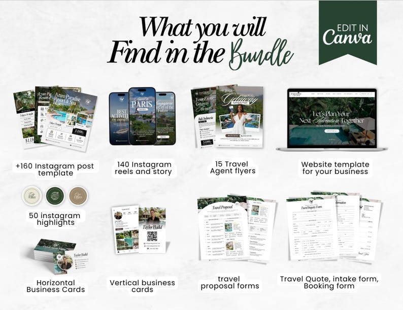 May include: A collection of digital marketing templates and resources for travel businesses. Includes Instagram posts, reels, flyers, website templates, business cards, and forms. The text reads "What you will Find in the Bundle" and "Edit in Canva".