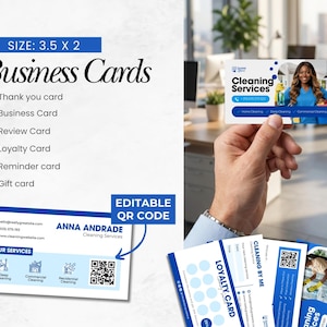 May include: Business cards with a blue and white design. The cards are 3.5 x 2 inches and include options for thank you, business, review, loyalty, reminder, and gift cards. The cards feature the text "Cleaning Services" and "Anna Andrade Cleaning Services".