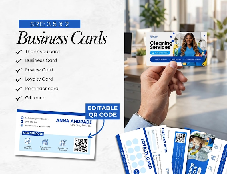 May include: Business cards with a blue and white design. The cards are 3.5 x 2 inches and include options for thank you, business, review, loyalty, reminder, and gift cards. The cards feature the text "Cleaning Services" and "Anna Andrade Cleaning Services".