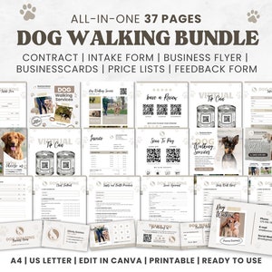Pacote de serviços para passear com cães, cartão de visita para passear com cães, contrato para passear com cães, formulário de admissão de cliente para passear com cães, fatura, folhetos para passear com cães