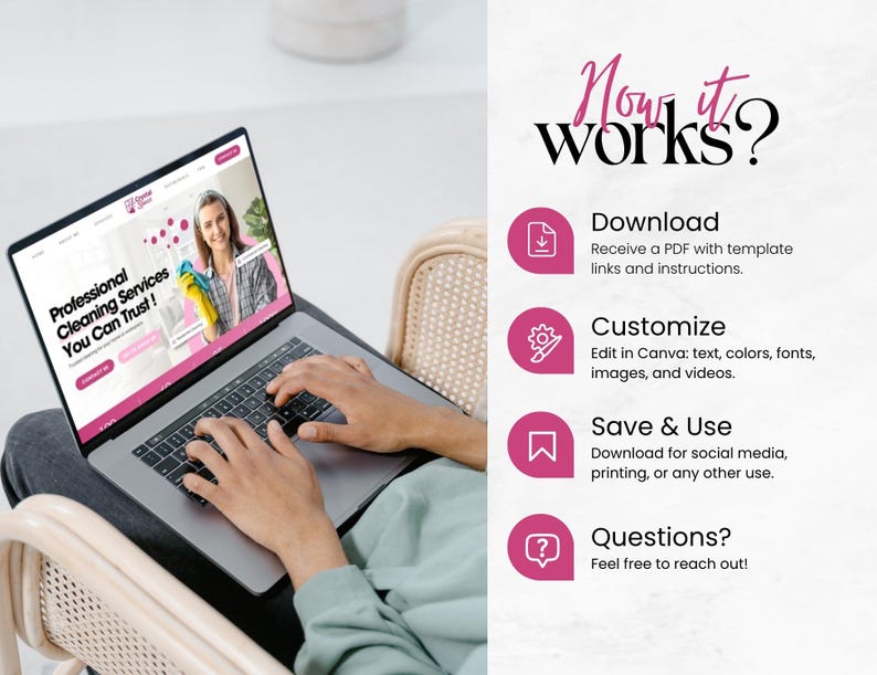 K&ouml;nnte beinhalten: Ein Laptop zeigt eine Website mit dem Text "Professional Cleaning Services You Can Trust!". Der Bildschirm zeigt auch eine Frau, die Reinigungsmittel h&auml;lt. Der Laptop befindet sich auf dem Scho&szlig; einer Person, die auf einem Stuhl sitzt.