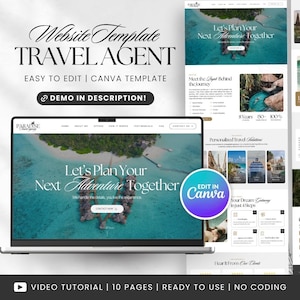 Può includere: Un modello di sito web per un agente di viaggio visualizzato su un laptop. Il design presenta una scena di spiaggia tropicale e il testo "Let's Plan Your Next Adventure Together". Pagine aggiuntive mostrano destinazioni e servizi di viaggio. Facile da modificare in Canva.