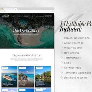 May include: A website design template displayed on a computer screen. The webpage features the text "Our Destinations" and "Discover the World with Us." The right side lists "11 Editable Pages Included:" with various page options.